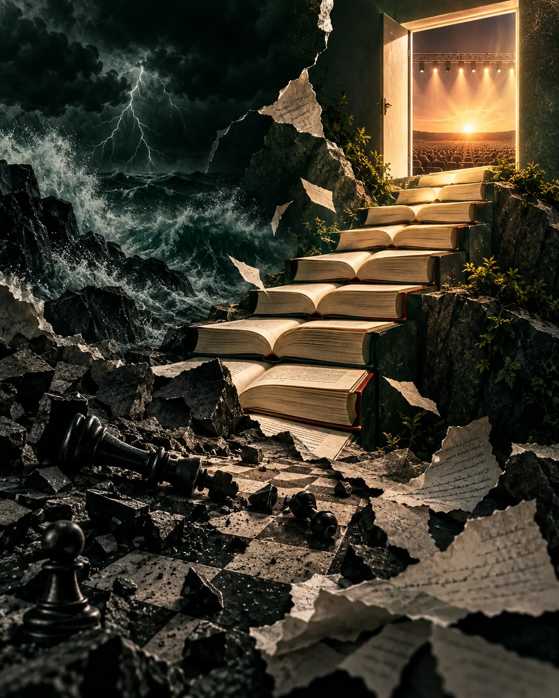 Capítulos difíceis transformam se em degraus feitos de livros até uma porta iluminada