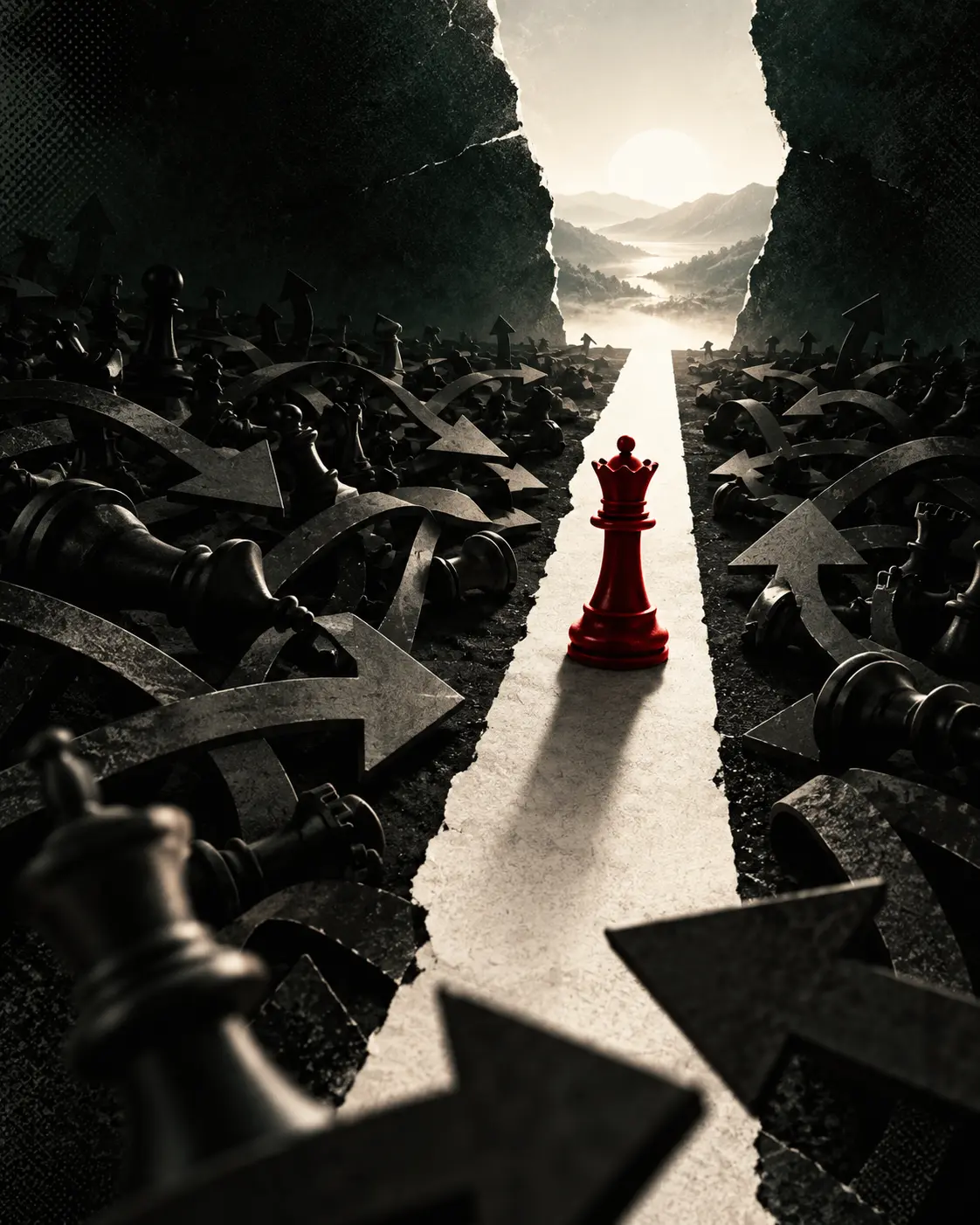 Uma única peça vermelha segue um caminho limpo no meio de muitas direções dispersas